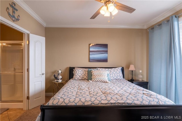 tiled bedroom with a closet, ceiling fan, and crown molding