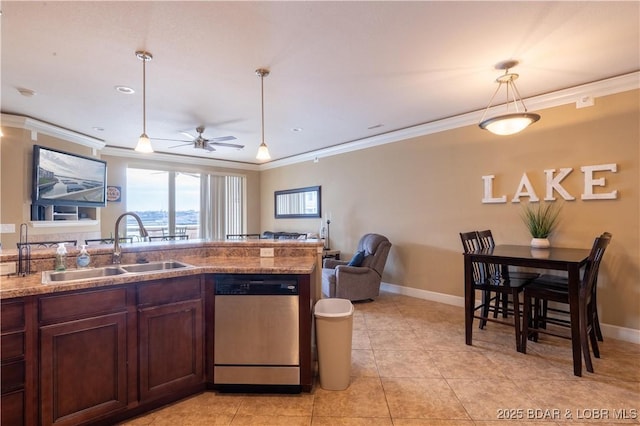 kitchen featuring sink, hanging light fixtures, stainless steel dishwasher, ceiling fan, and ornamental molding