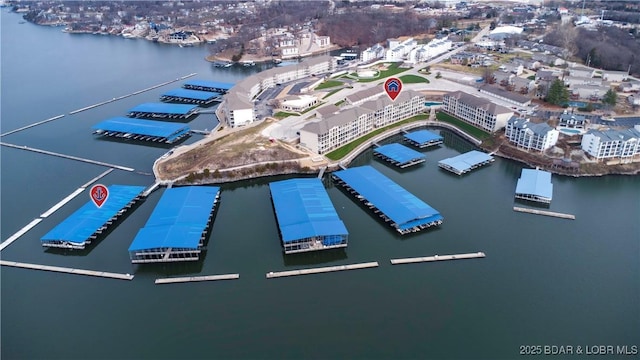 drone / aerial view featuring a water view