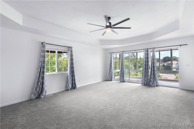 carpeted spare room featuring a tray ceiling and ceiling fan