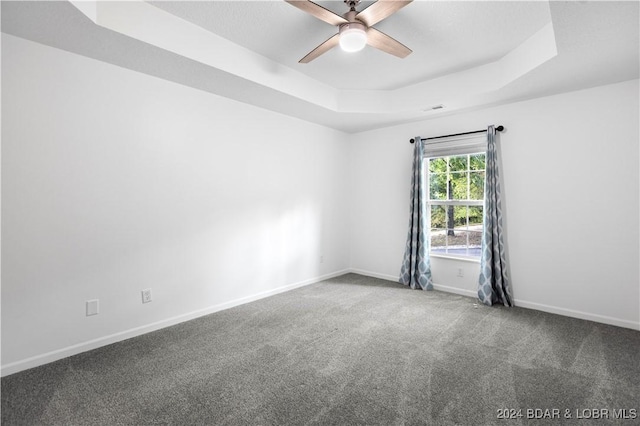 spare room featuring a raised ceiling, ceiling fan, and carpet flooring