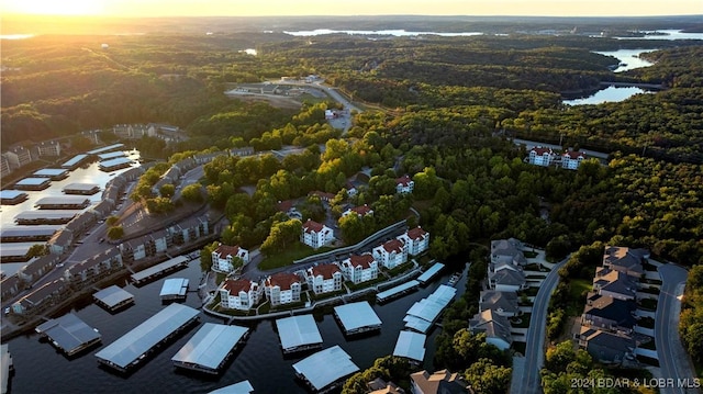 aerial view at dusk featuring a water view