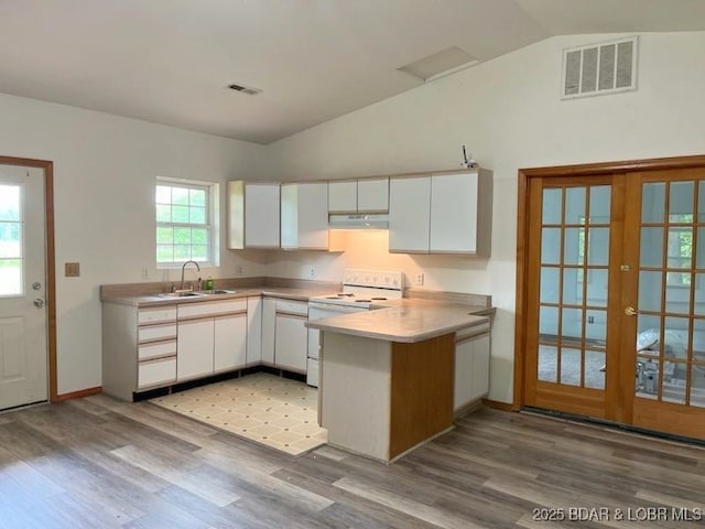 kitchen featuring white electric range oven, french doors, white cabinetry, and sink