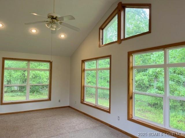 carpeted spare room with ceiling fan and lofted ceiling