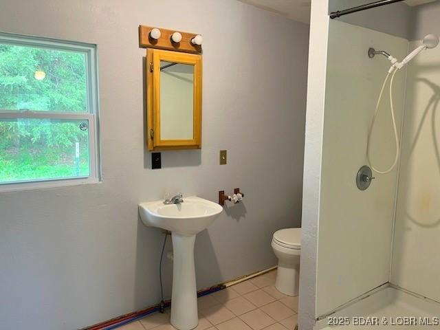 bathroom with plenty of natural light, toilet, and walk in shower