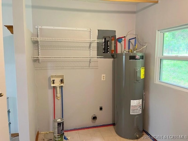 utility room featuring electric panel and water heater