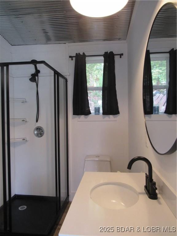 bathroom featuring a shower stall and vanity