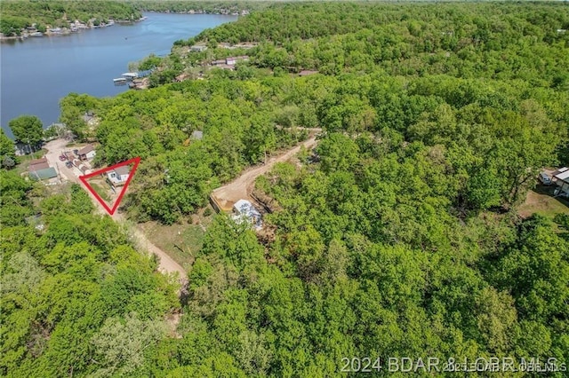 drone / aerial view with a water view and a forest view