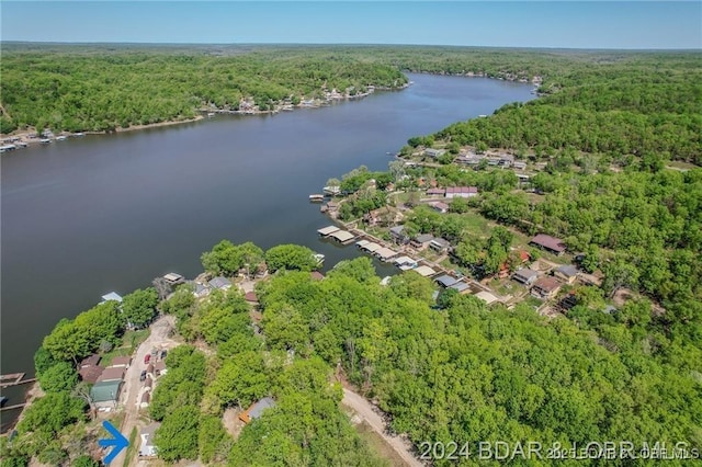 birds eye view of property featuring a water view and a forest view