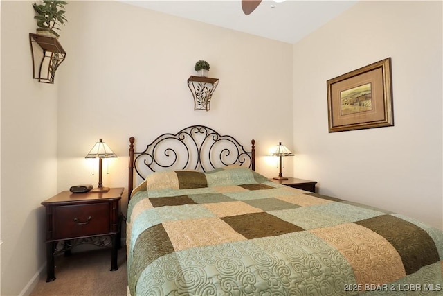 carpeted bedroom with baseboards and ceiling fan