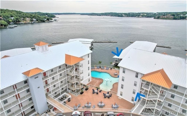 aerial view featuring a water view