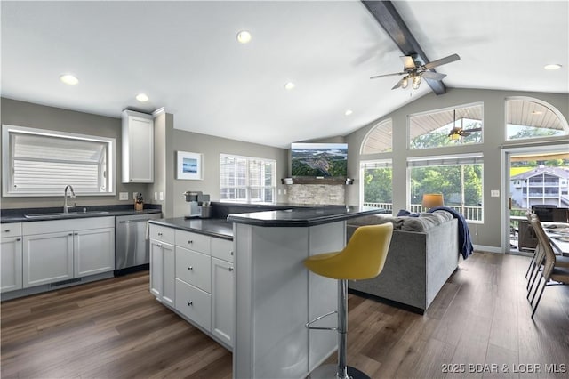 kitchen with sink, dark hardwood / wood-style floors, stainless steel dishwasher, and a kitchen breakfast bar