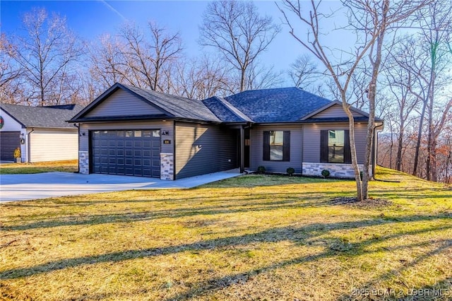 single story home with a garage and a front lawn