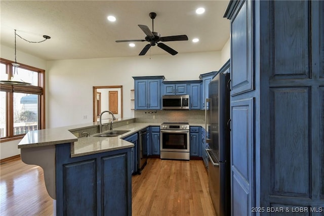 kitchen featuring blue cabinetry, kitchen peninsula, sink, and appliances with stainless steel finishes