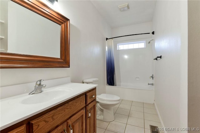 full bathroom with tile patterned floors, vanity, shower / bathtub combination with curtain, and toilet