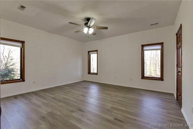 empty room with wood-type flooring, a wealth of natural light, and ceiling fan