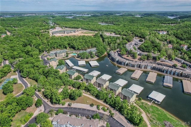 drone / aerial view featuring a water view