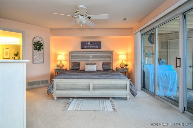 bedroom with light carpet, access to outside, and ceiling fan