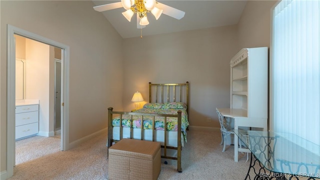 bedroom featuring ceiling fan, light colored carpet, and lofted ceiling