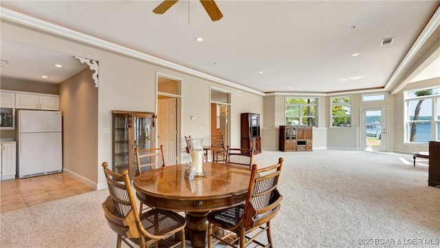 dining space featuring light colored carpet, ceiling fan, and ornamental molding