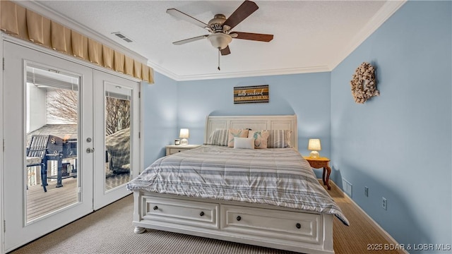 bedroom with french doors, access to outside, ceiling fan, and crown molding