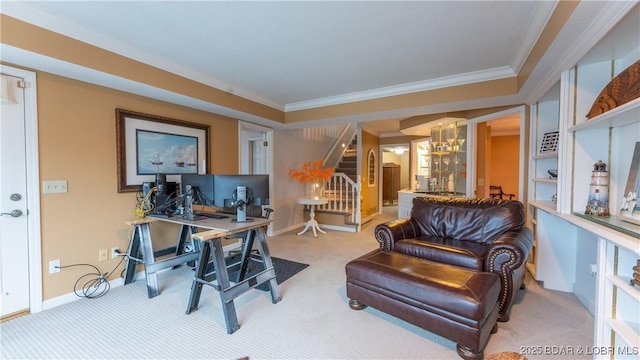 carpeted office featuring crown molding