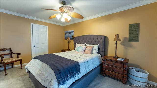 bedroom featuring carpet flooring, ceiling fan, and ornamental molding