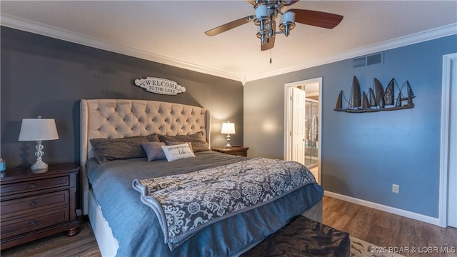 bedroom with ensuite bathroom, crown molding, ceiling fan, and hardwood / wood-style flooring