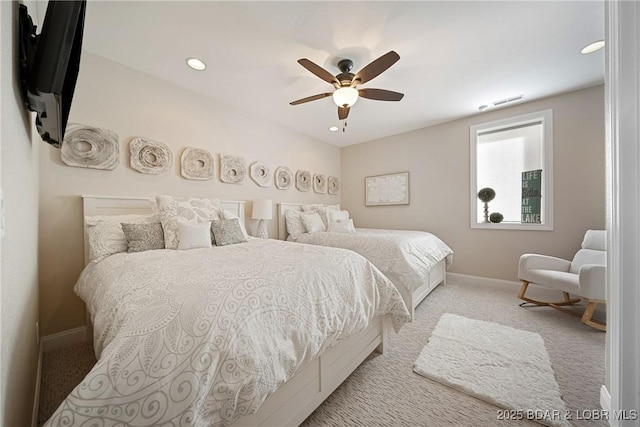 bedroom featuring baseboards, recessed lighting, a ceiling fan, and carpet