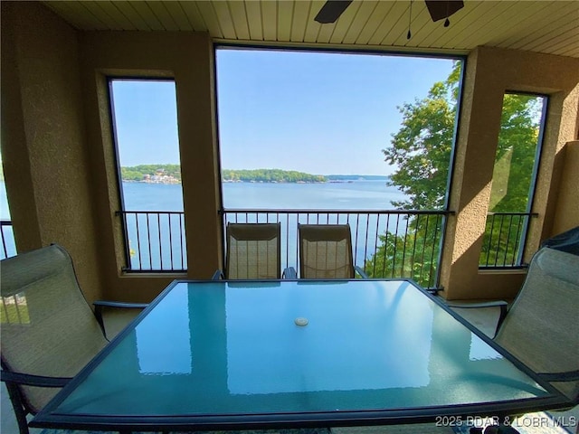 sunroom / solarium with a water view and wood ceiling