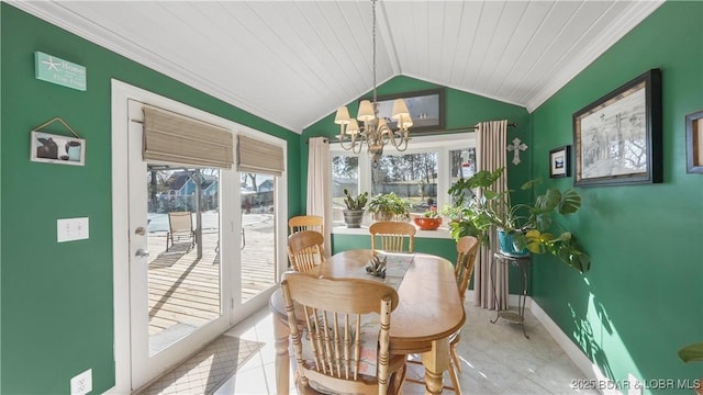 dining room with wooden ceiling, vaulted ceiling, a wealth of natural light, and a chandelier