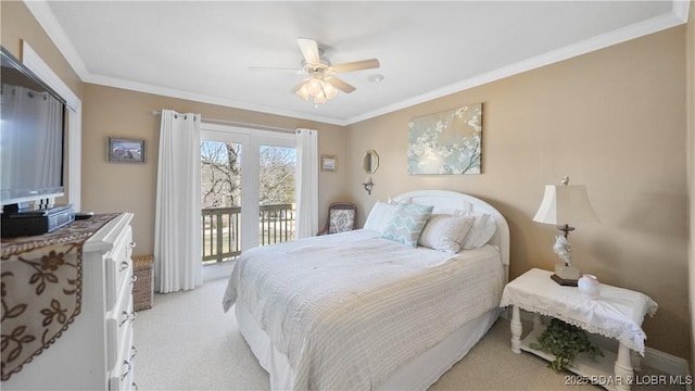 carpeted bedroom featuring access to exterior, ceiling fan, and crown molding