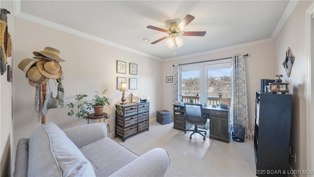 office with ceiling fan and crown molding