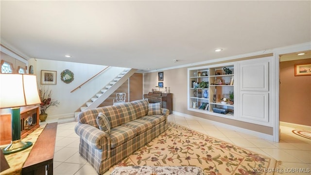 tiled living room featuring built in shelves