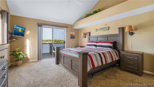 bedroom with access to exterior, light colored carpet, vaulted ceiling, and ceiling fan