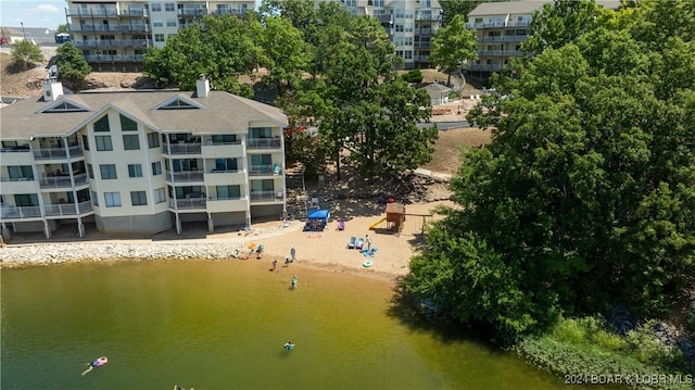 drone / aerial view with a water view