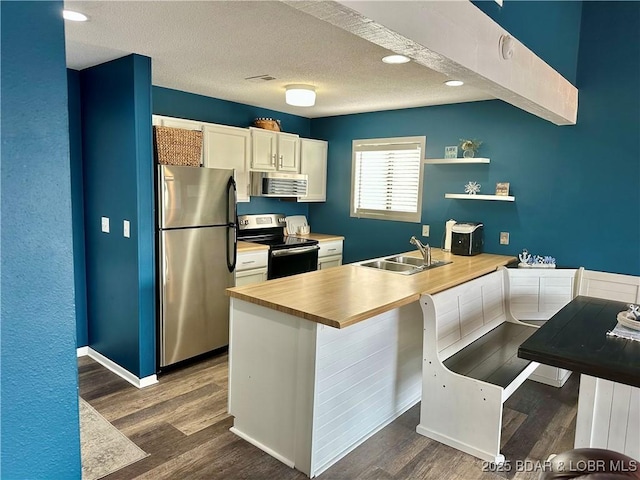 kitchen featuring a textured ceiling, stainless steel appliances, dark hardwood / wood-style floors, and sink