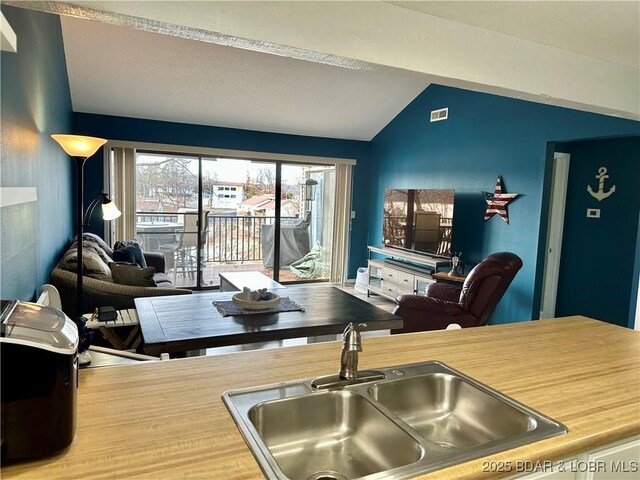 kitchen featuring lofted ceiling and sink