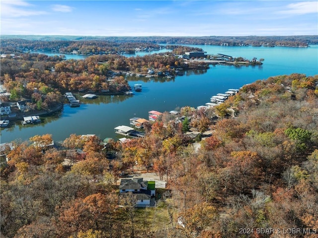 drone / aerial view with a water view