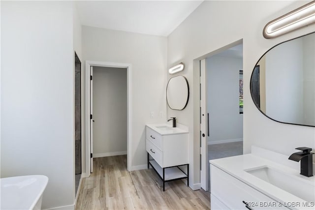 bathroom with a bathing tub, vanity, and hardwood / wood-style flooring