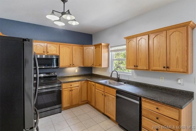 kitchen with pendant lighting, sink, light tile patterned flooring, stainless steel appliances, and a chandelier