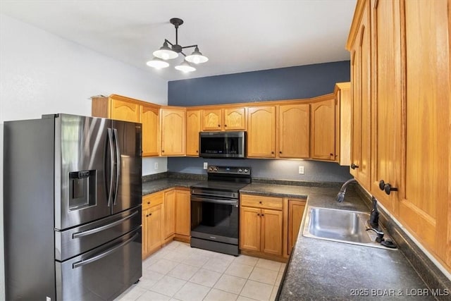 kitchen with stainless steel appliances, sink, light tile patterned floors, decorative light fixtures, and a chandelier