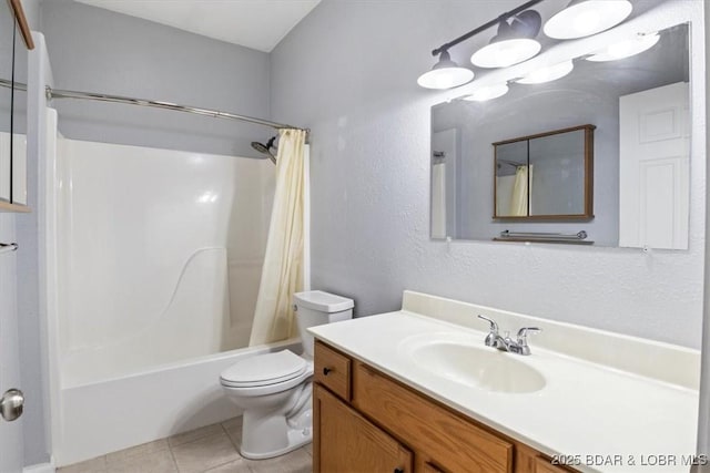 full bathroom featuring tile patterned flooring, shower / bath combination with curtain, toilet, and vanity