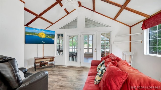 living room featuring french doors, vaulted ceiling, a wealth of natural light, and hardwood / wood-style floors