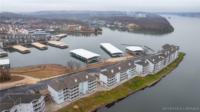 bird's eye view with a water view