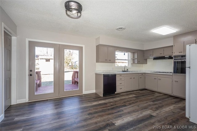 kitchen featuring french doors, a textured ceiling, gray cabinets, and black appliances