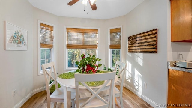 dining area featuring ceiling fan and light hardwood / wood-style flooring