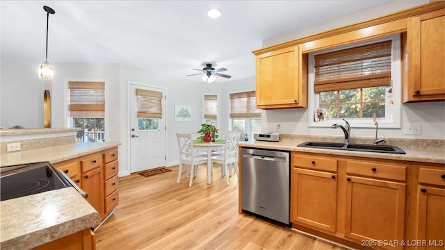 kitchen featuring ceiling fan, dishwasher, sink, light hardwood / wood-style flooring, and decorative light fixtures