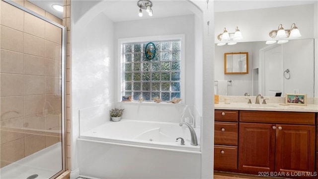 bathroom featuring vanity and independent shower and bath