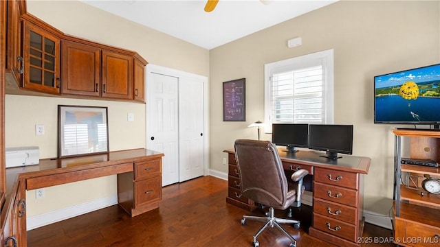 home office with dark wood-type flooring and ceiling fan